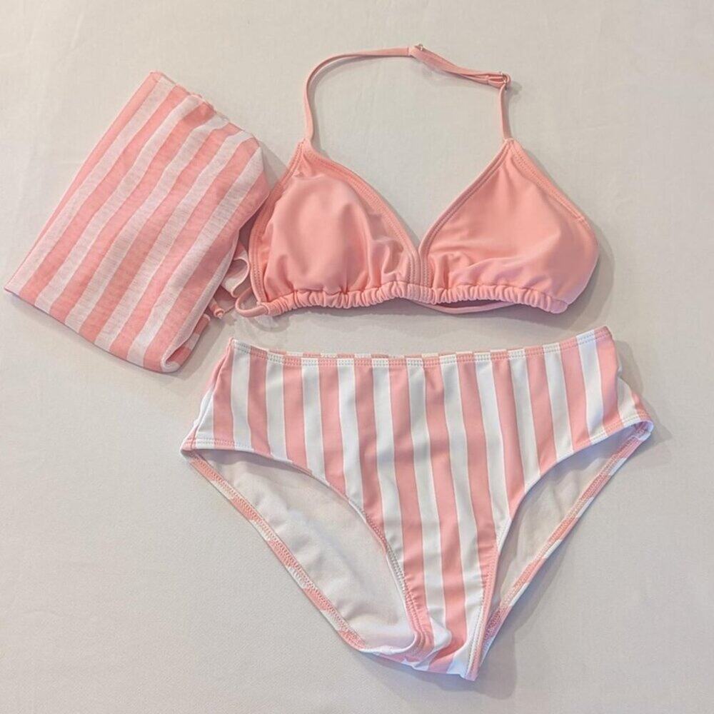 3 Pc Pink White Striped Bikini Set High Waisted Retro Swim Cover Up 12Y/ XS Teen